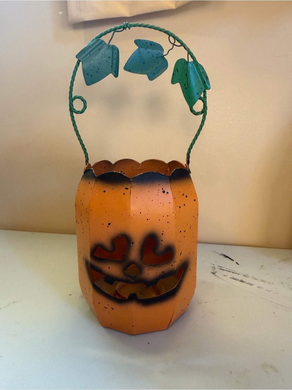 Orange Jack-o'-Lantern Metal Lantern with Green Leaf Handle